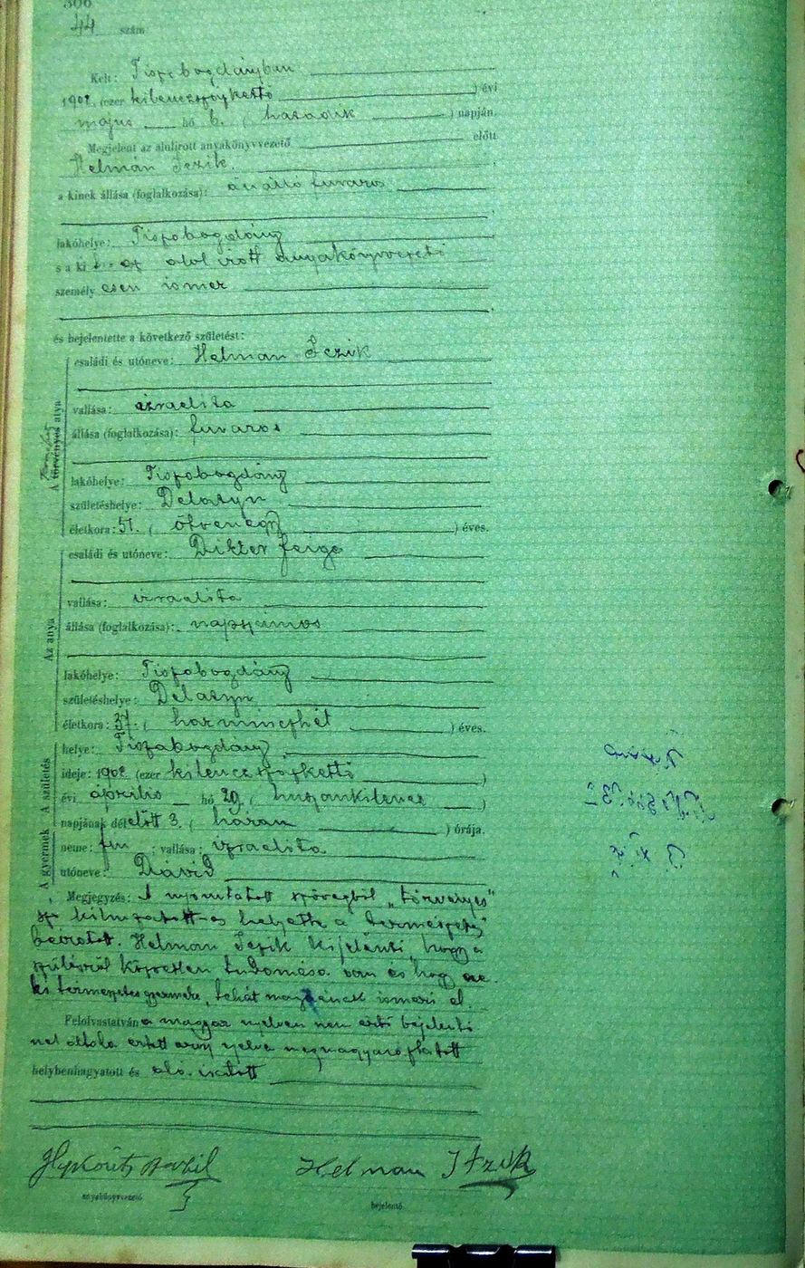 Civil birth register, Tiszabogdany, 1902, entry 44, for David Helman