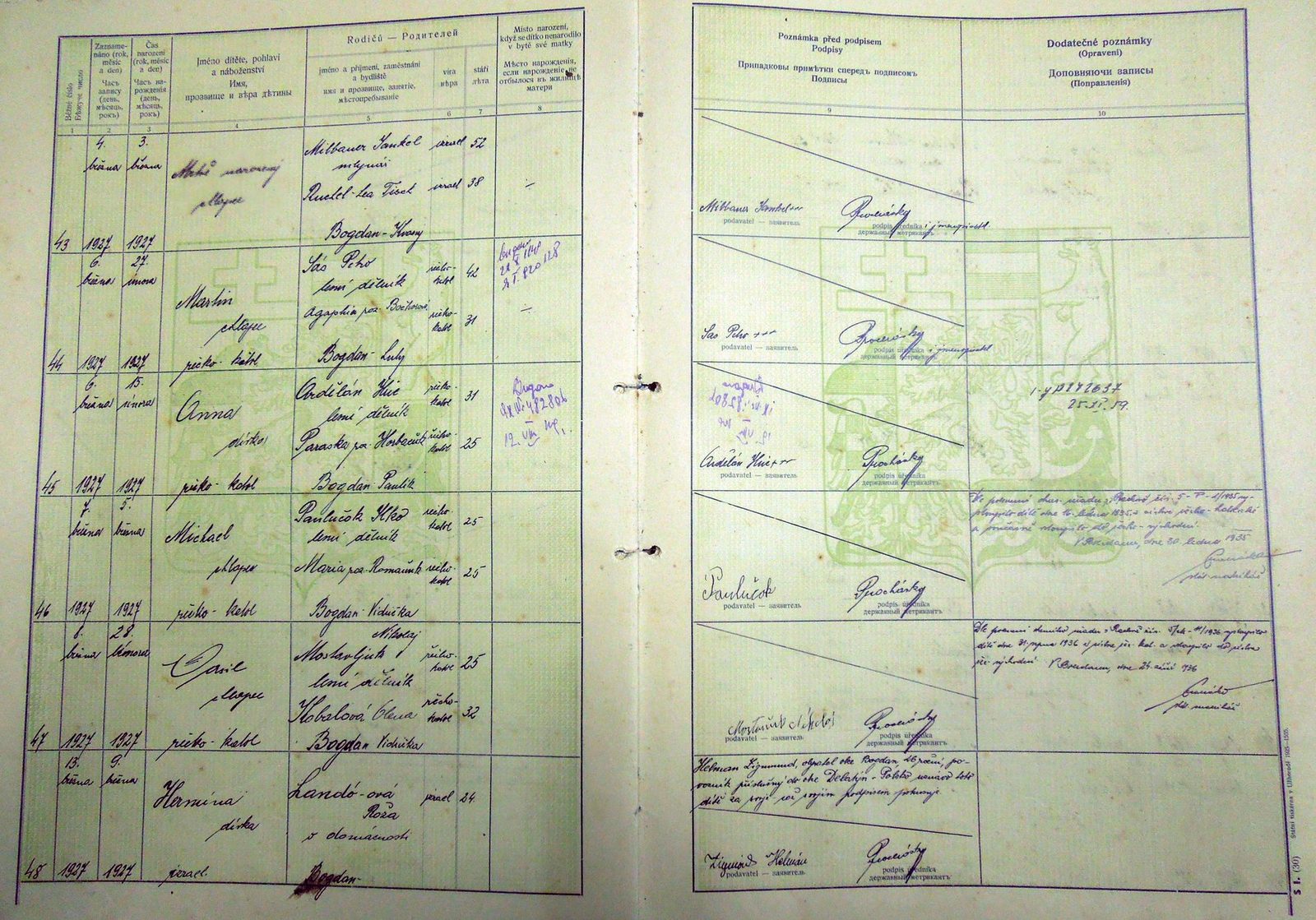 Civil birth register, Bohdan, 1927, entry 48, for Hermina Helman
