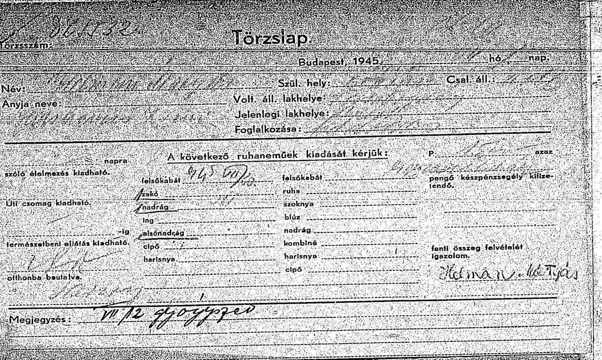 Budapest survivor registration form, 1945, signed Helman Mihaly
