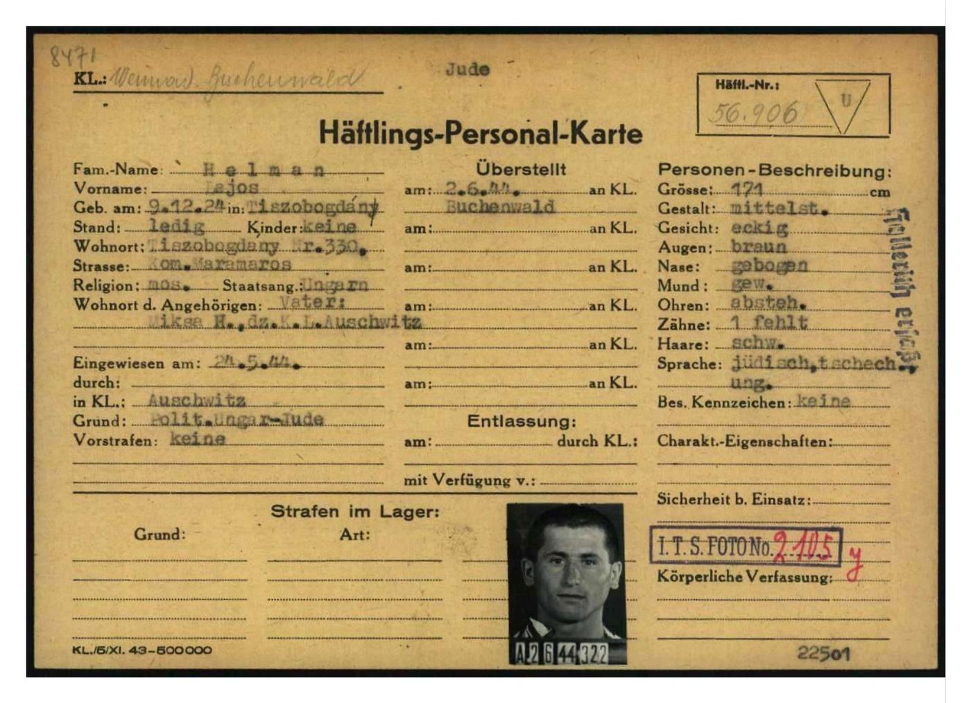 Buchenwald prisoner card 56906, Lajos Helman