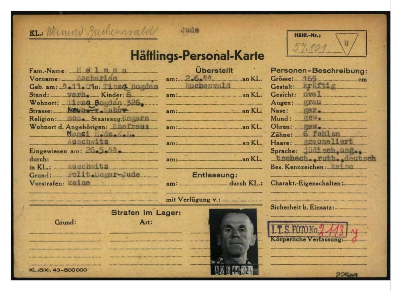 Buchenwald prisoner card 57101, Zacharias Helman