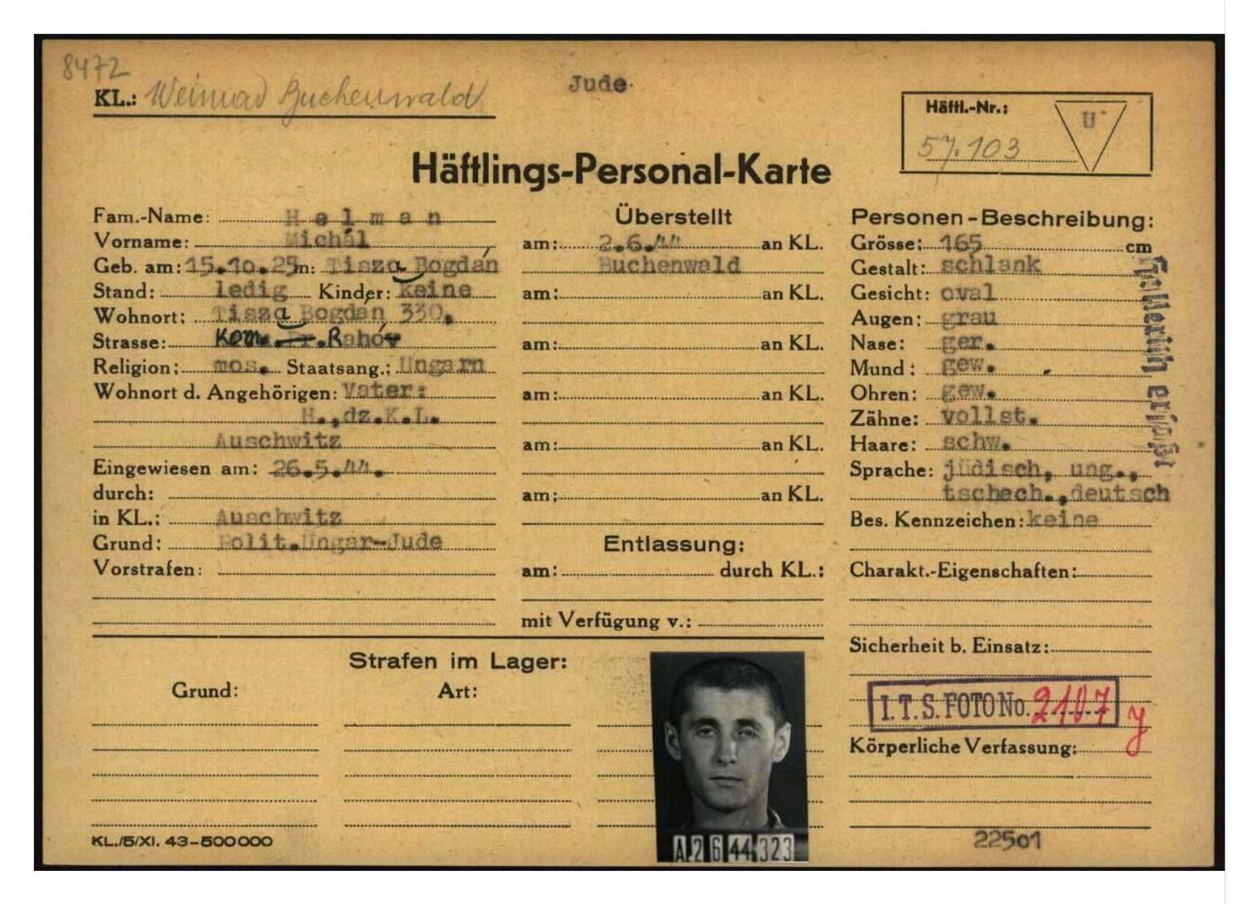 Buchenwald prisoner card 57103, Michal Helman