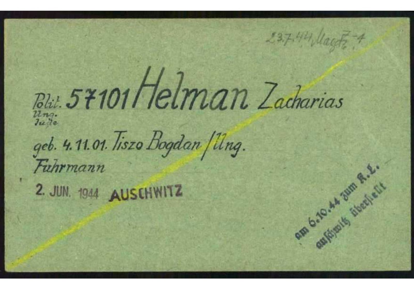 Labour detail card 57101, Zacharias Helman