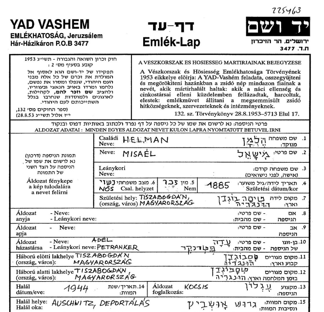 Yad Vashem Page of Testimony, item 225463, for Misael Helman of Tiszabogdany