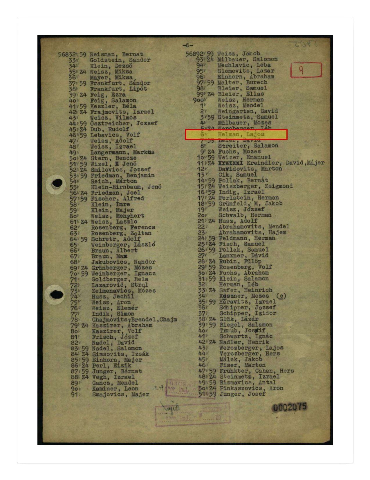 Buchenwald intake roster page 6, with Helman Lajos 56906 highlighted