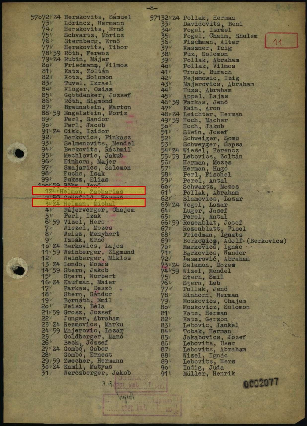 Buchenwald intake roster page 8, with Helman Zacharias 57101 and Helman Michal 57103 highlighted