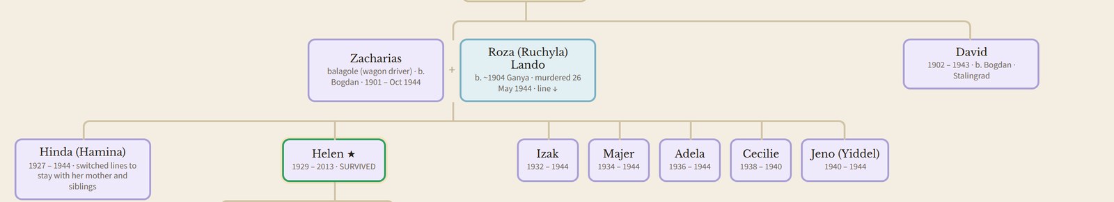 Reconstructed family tree of Zacharias Helman and Roza Lando and their seven children