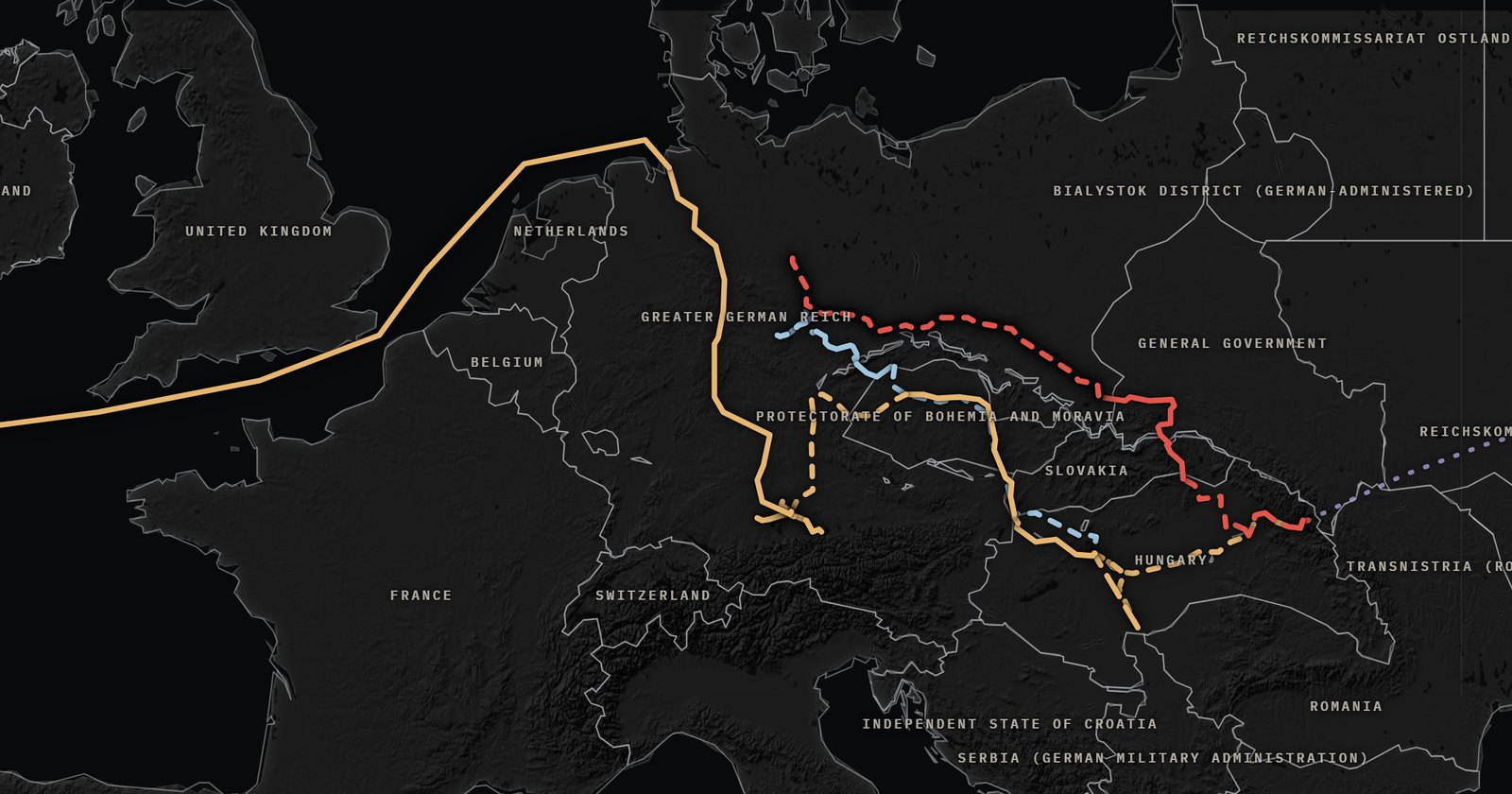 A dark map of Europe with Helen&rsquo;s road in gold from her village to Budapest, Bavaria and the sea, and her family&rsquo;s roads in red and blue to Auschwitz, Buchenwald and Terez&iacute;n