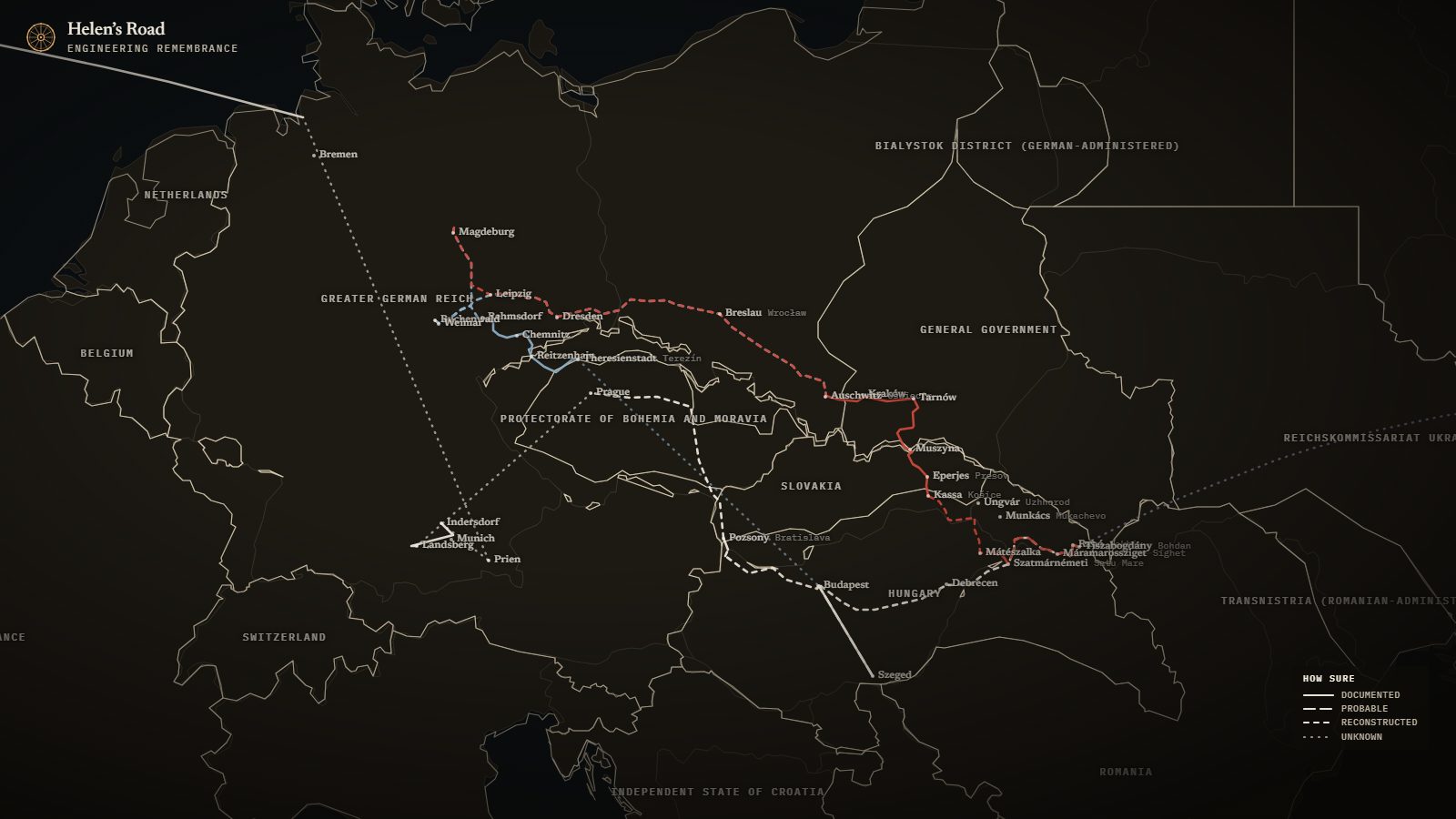 A map of Europe with Helen’s road from Tiszabogdány to Budapest, Bavaria and Bremen, and her family’s roads to Auschwitz, Buchenwald, Magdeburg, Rehmsdorf and Terezín
