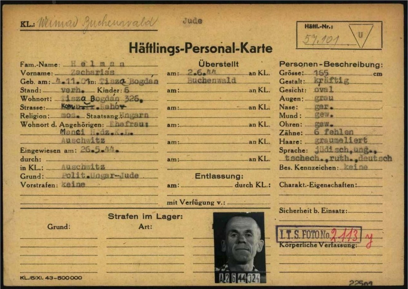 Buchenwald prisoner card 57101 for Zacharias Helman, typed in German, with his intake photograph at the bottom centre