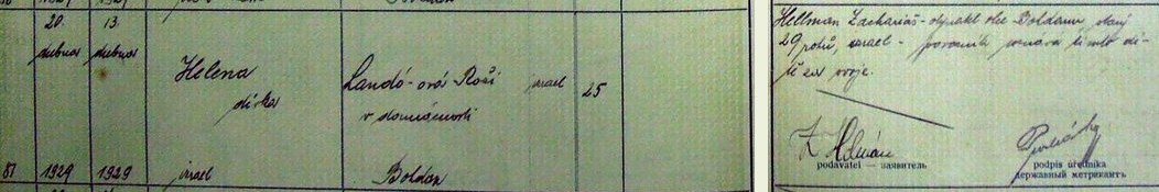 Civil birth register, Bohdan, 1929, entry 81: registered 20 April, born 13 April; Helena, girl; mother Landó-ová Rozi, at home, age 25; Bohdan. In the margin: Hellman Zacharias of Bohdan, 29, declares the child his own, and signs.