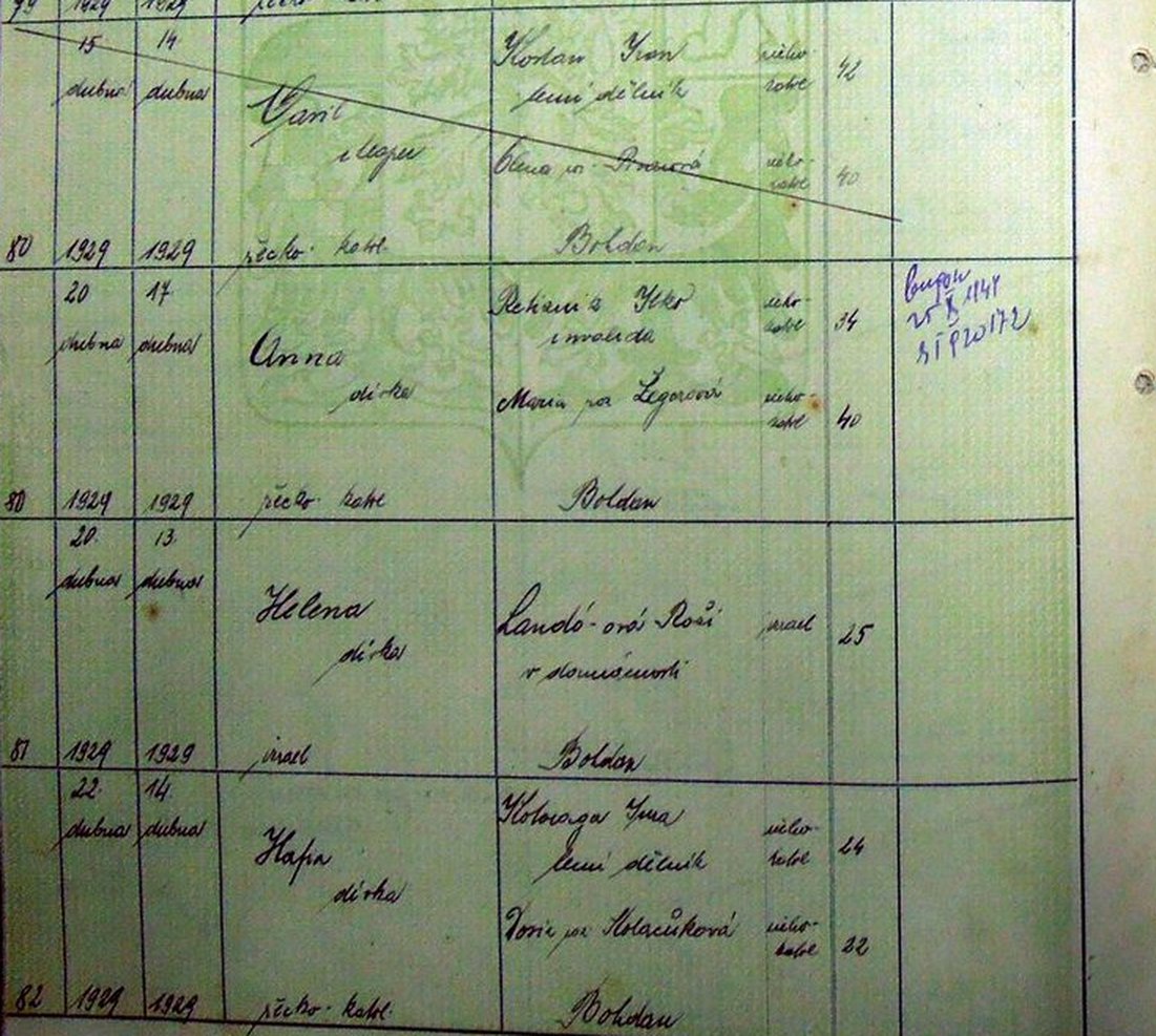Civil birth register, Bohdan, 1929, page 34, close-up: the margin numbers 80 (crossed out), 80 (Anna), then Helena's entry, then 82