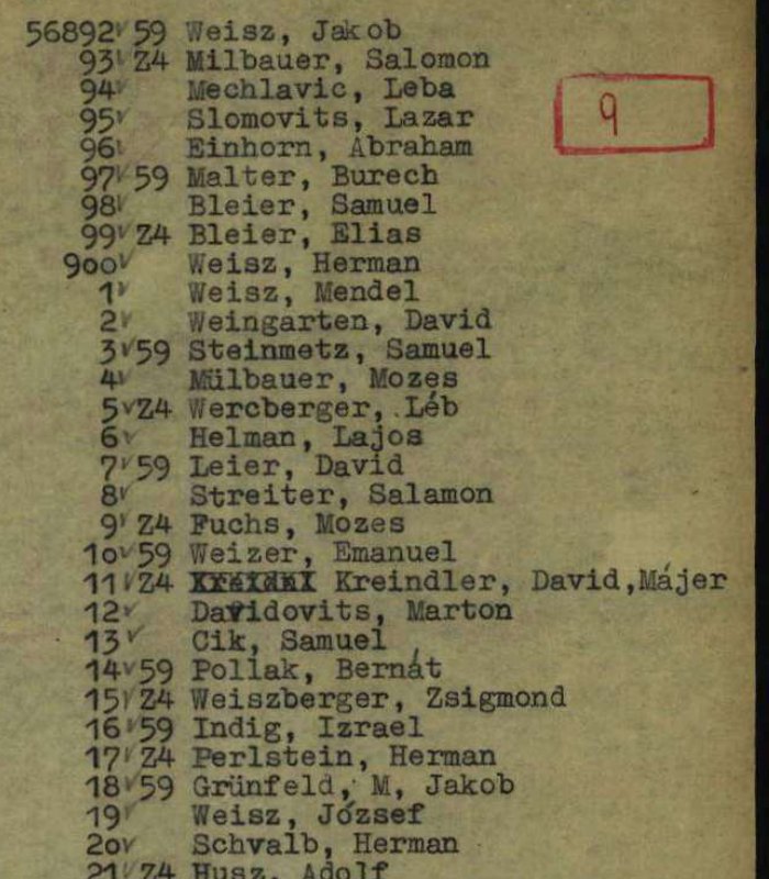 Typed roster, right column of page 6: 56892 typed in full at the top; the lines below carry only their last digits