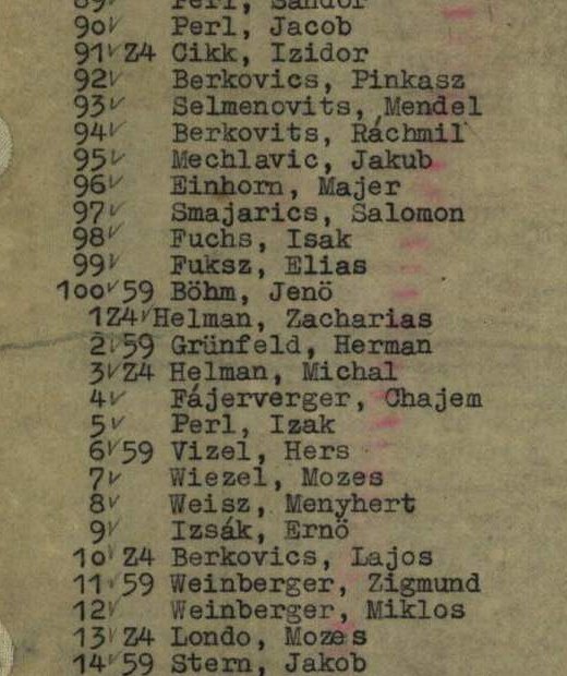 Typed roster, left column of page 8: prisoner numbers 57090 to 57114 with surnames and first names